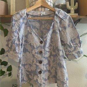 Waverly Grey Striped Blue and White Lace Blouse
